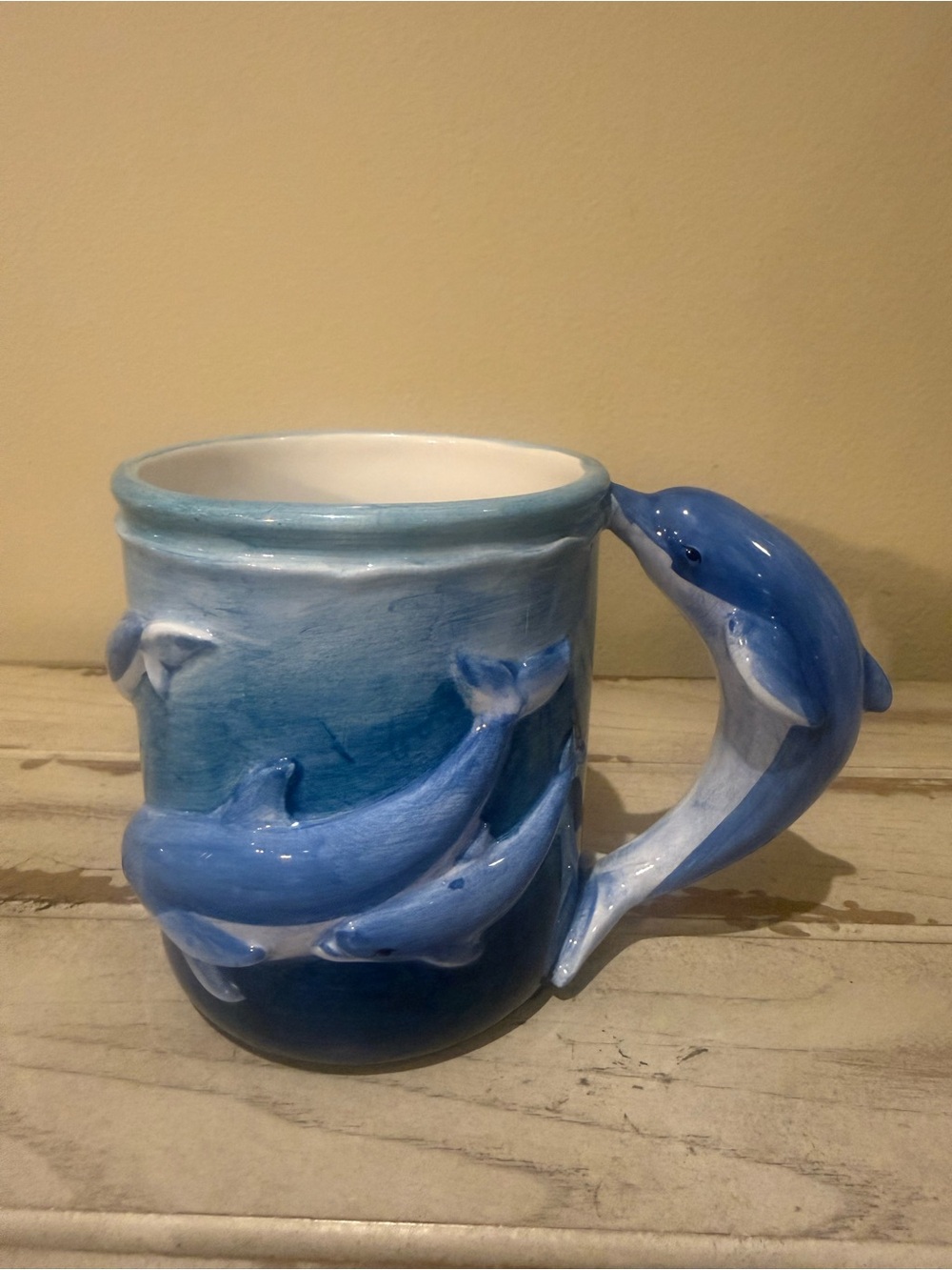 Wyland Studios 3D Relief Dolphin Mug Figural Dolphin Handle Ocean Blue VTG